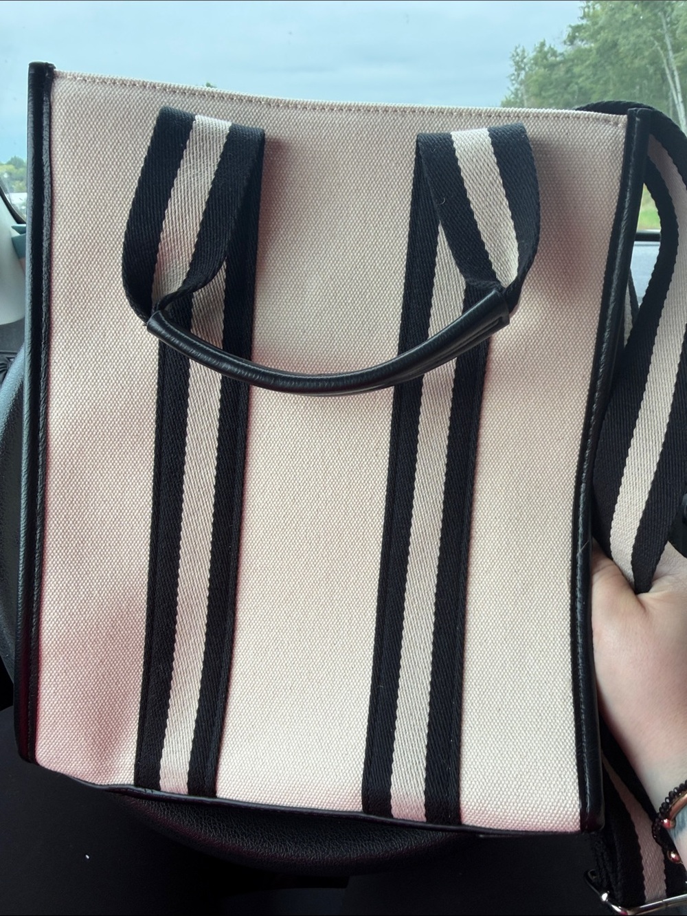 BCBG tan and Black Striped Canvas Tote NWT